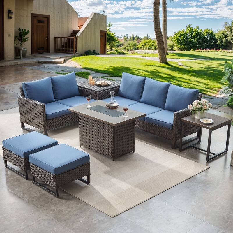 Patio Sofa Ottoman Set with Fire Pit Table - Blue - Brown