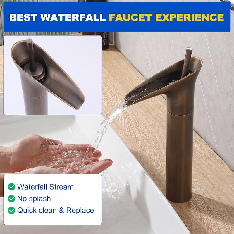 12.4"H Solid Brass Waterfall Single Handle Single Hole Bathroom Faucet