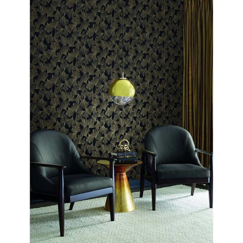 Gennevilliers Black Non-Woven Unpasted Botanical Ginkgo Toss Wallpaper Covers about 60.75 sq. ft.