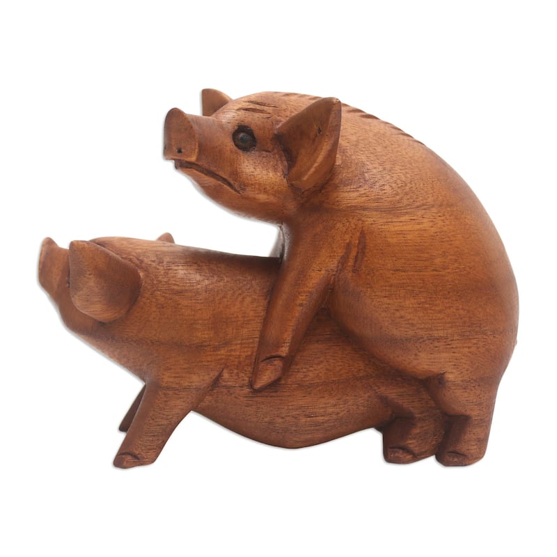 Novica Handmade Honeymoon Pigs Wood Statuette
