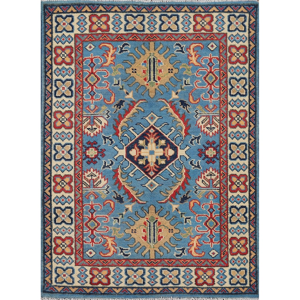 Blue Geometric Kazak Foyer Rug Hand-Knotted Wool Carpet - 2'10" x 3'11"