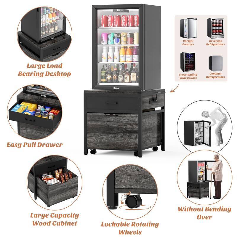 Mini Fridge Stand with Charge Station, Side/ End Table with Storage Drawers and Rolling Cabinet
