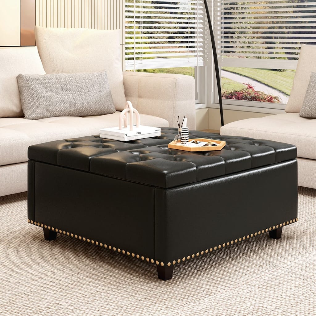 Large Square Storage Stool with two Storage Doors, Footstool for Living Room Studded Mid-century Modern Coffee Table