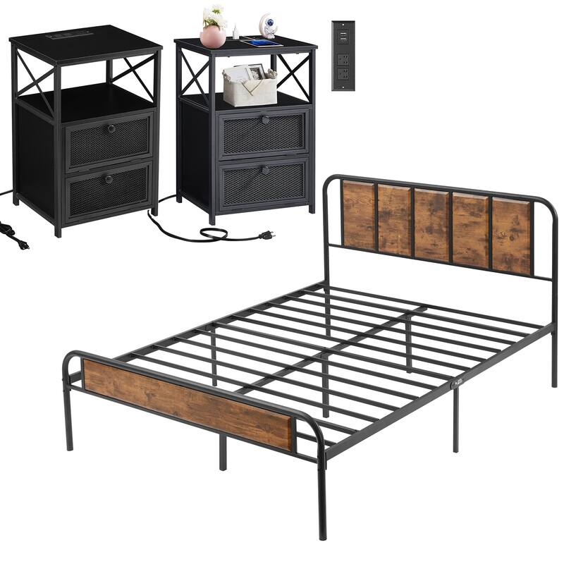Javlergo 3-Piece Bedroom Set with Platform Bed Frame and Charging Station USB Port Nightstands Set of 2 - Brown Bed-Black Nightstands - Queen
