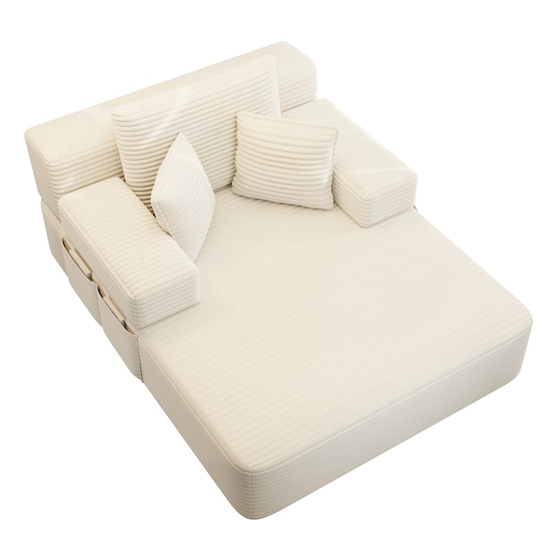 Luxurious Plush Corduroy Chaise Lounge Convertible Sofa Bed with Storage Pocket and Wide Armrests