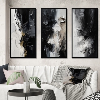 Designart "Black Textured Splash Paint Art III" Abstract Painting Framed Wall Art Set Of 3 For Office Decor