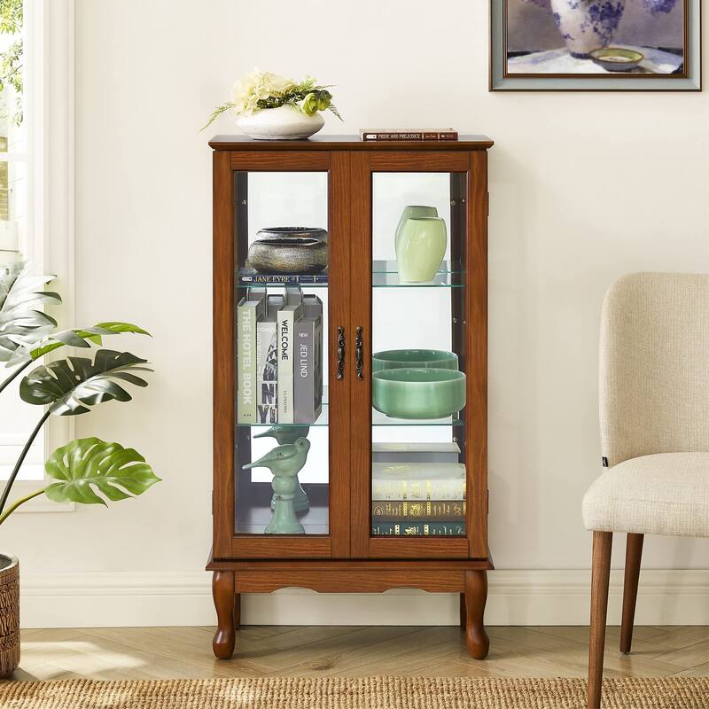 Elegant 3-Tier Curio Cabinet with Lighting, Mirrored Panel, Adjustable Glass Shelves,E26 Bulb Not Included Classic Floor Mount