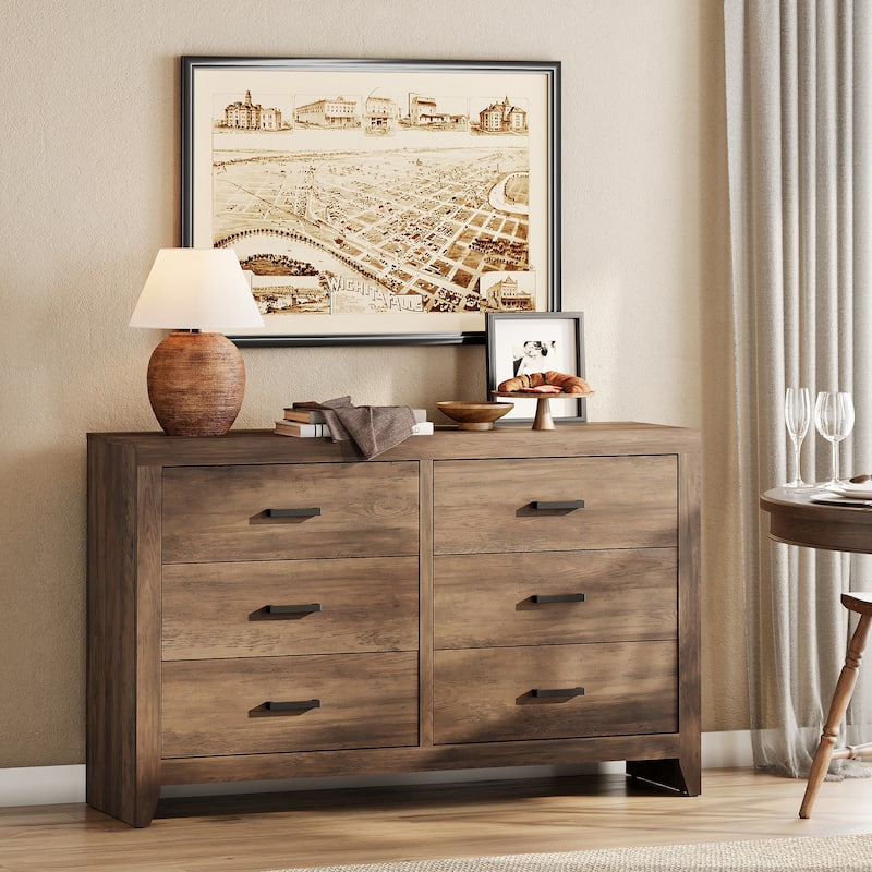 WAMPAT 6-Drawer Farmhouse Dresser - Wood Storage Chest for Bedroom & Hallway - 6-drawer - Brown