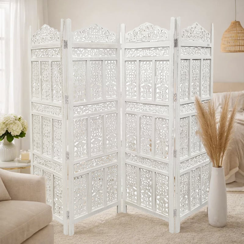 Aesthetically Carved 4 Panel Wooden Partition Screen/Room Divider, Distressed White