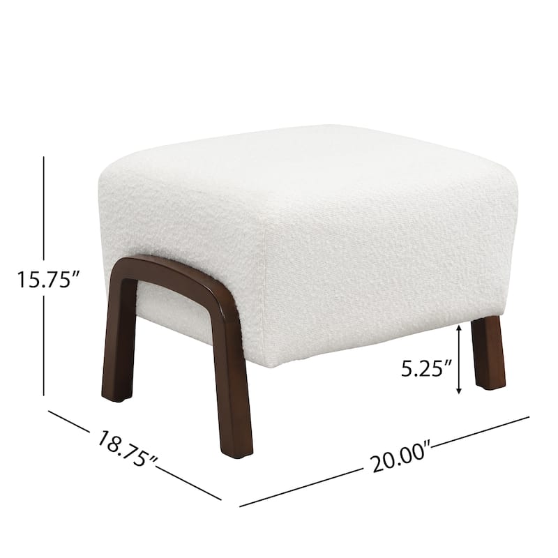 Upholstered Ottoman, Wooden Legs, White, Boucle