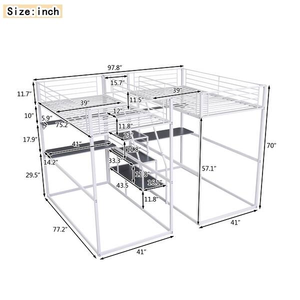 dimension image slide 1 of 2, Twin Metal Bunk Bed with Desk, Shelves, and Storage Staircase, Ensuring Safety