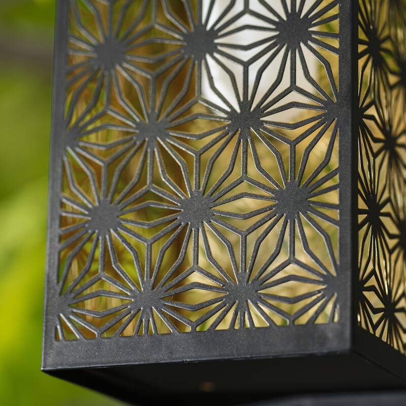 Glitzhome 11"H Black Metal Cutout or Square Textured Glass Pattern Solar Powered Hanging Lantern with LED Light