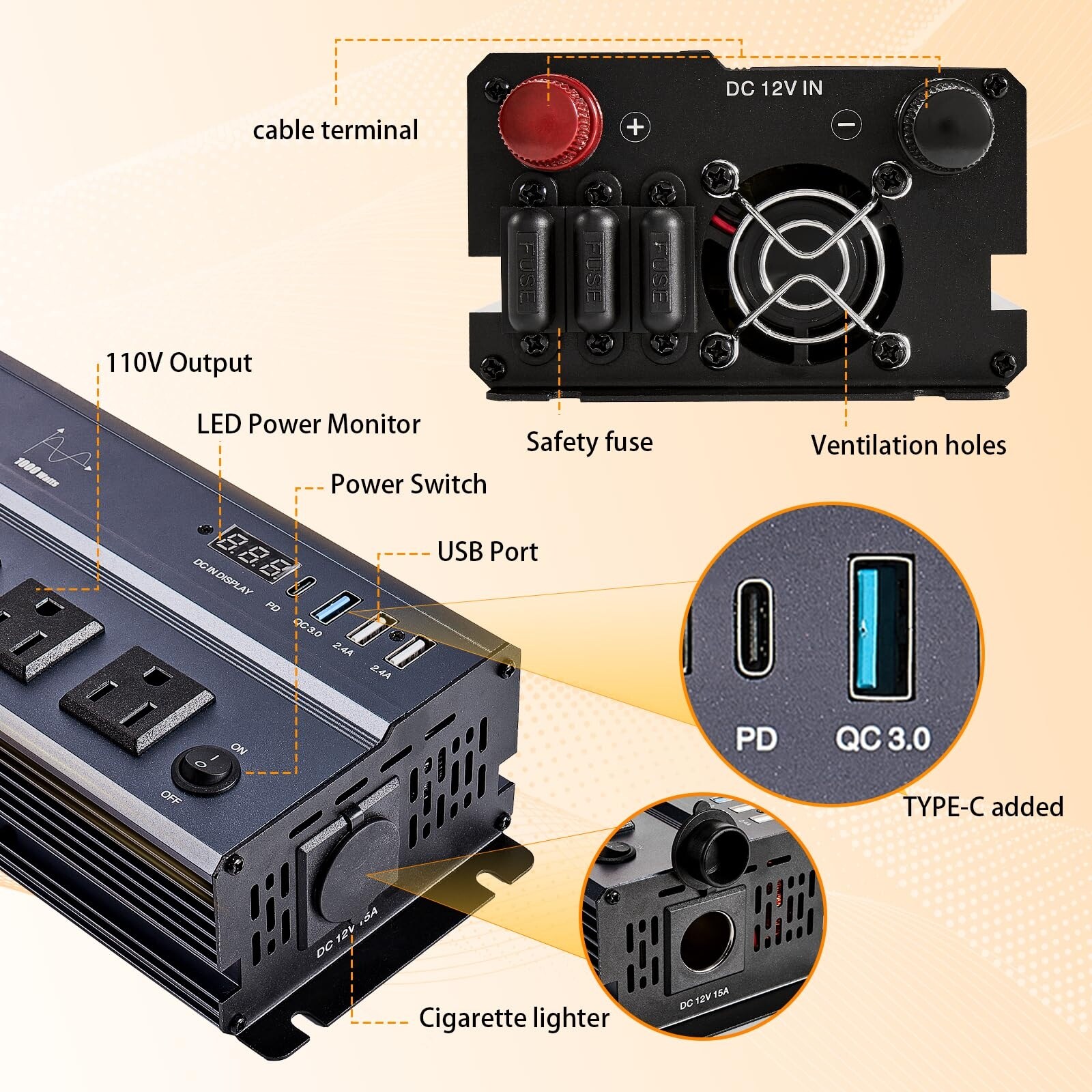 power outlet to cigarette lighter adapter 12V Cigarette Lighter Dual Socket USB-C + USB QC 3.0 Power Adapter