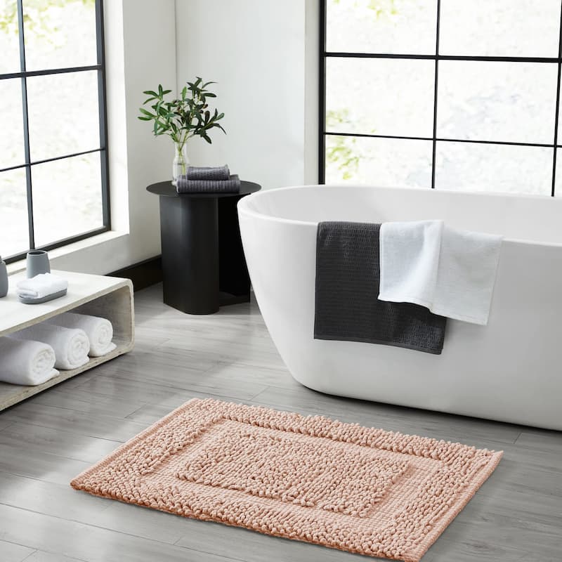 Sophie Border Ultra-plush Chenille Non-Slip Cotton Bath Mat - 27 x 45 - Pink Dusty Rose