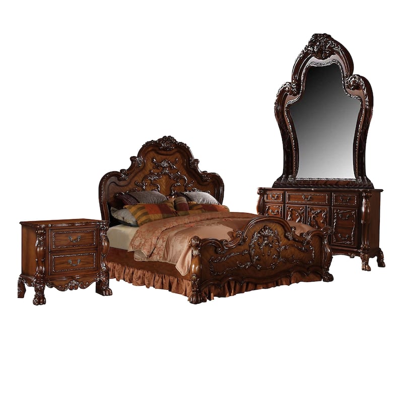 Rosy Four Piece Queen Bedroom Set, Raised Inlay Moldings, Cherry Oak Brown