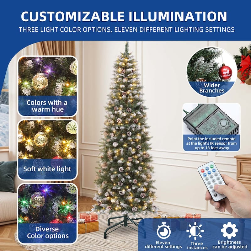 6/7.5 FT Flocked & Frosted Slim Prelit Artificial Hinged Xmas Tree