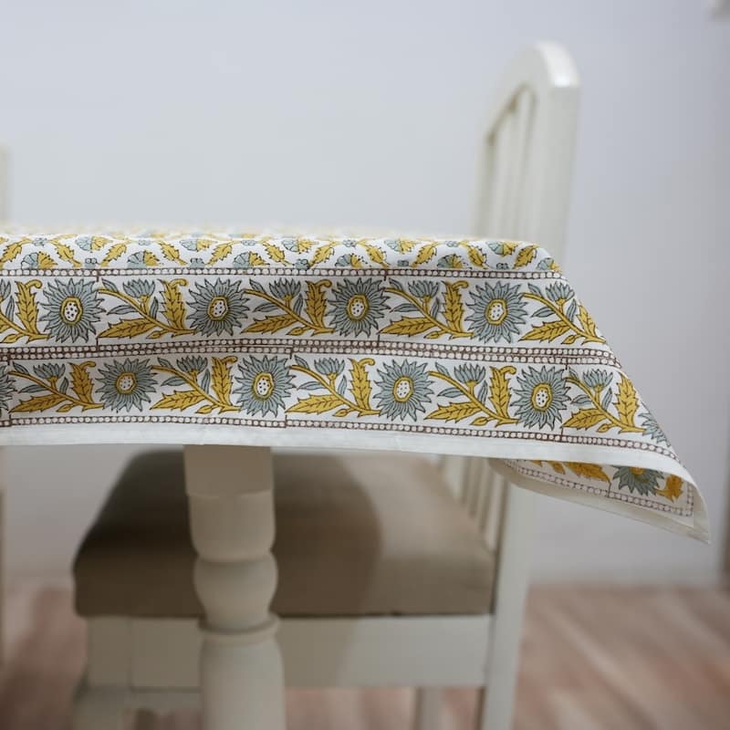Fabdivine Handmade Block Print Cotton Brown Table Cover or Cloth Dining, Farmhouse & Kitchen Décor - 72"X140" - Shehnaaz- Dark Grey, Yellow
