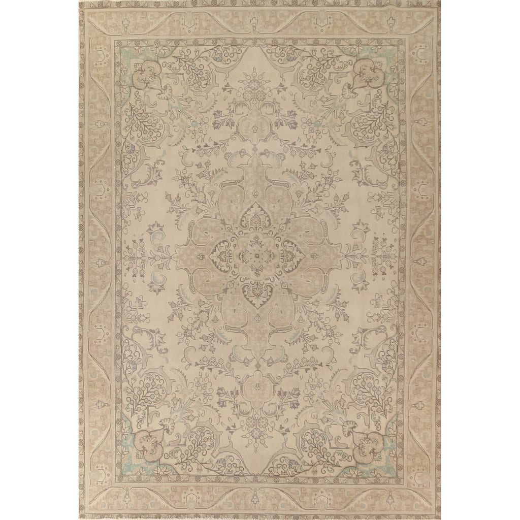 Distressed Tabriz Persian Vintage Rug Handmade Geometric Wool Carpet - 9'6"x 12'8"