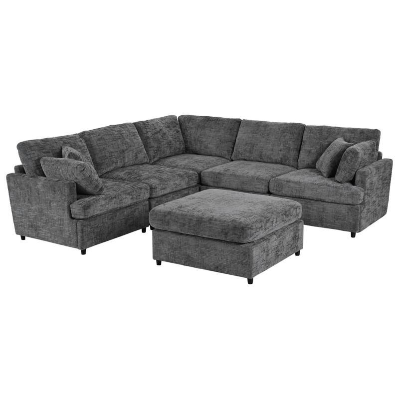 6-Piece U-Shaped Sectional Corner Sofa with Movable Ottoman and Durable Chenille Fabric for Versatile Living Spaces