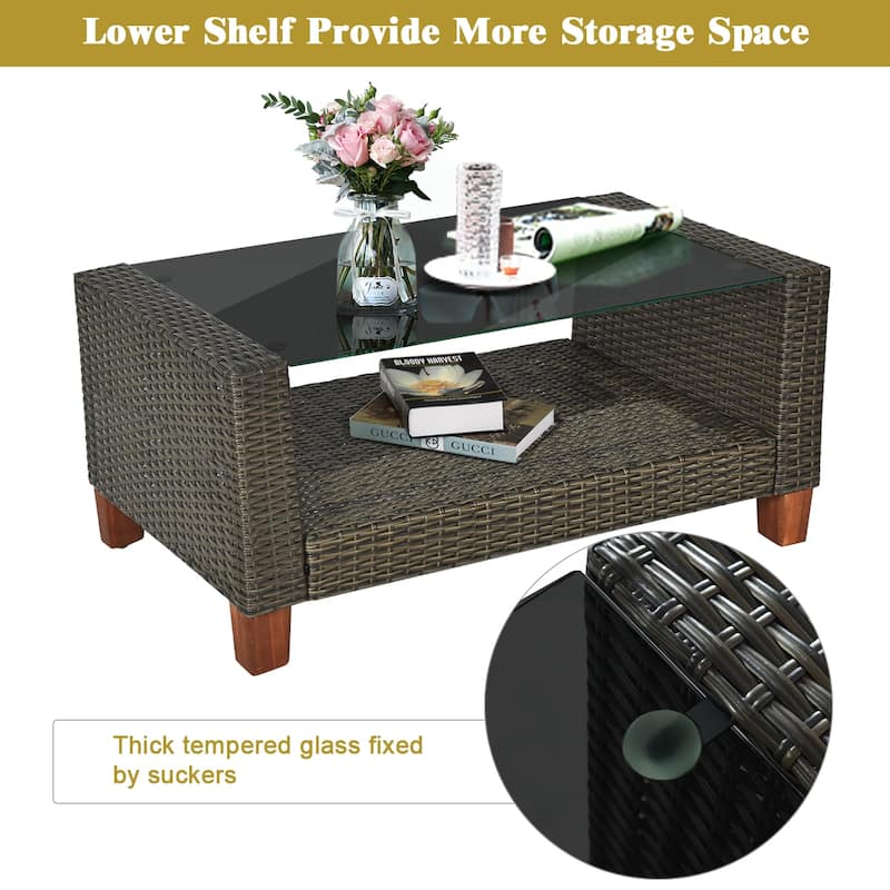 Costway 4PCS Patio Rattan Furniture Set Solid Wood Leg Cushioned Sofa - See Details