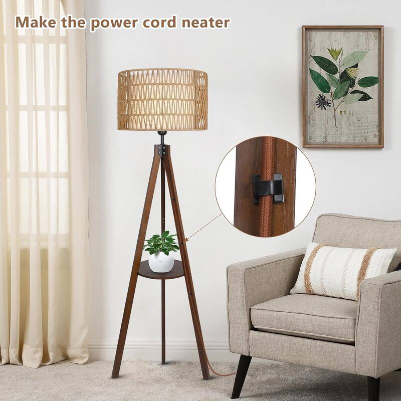 Tripod Floor Lamp with Shelves, Mid Century Wood Standing Lamp with Rattan & Fabric Shades, ON/Off Foot Switch, Tall Floor Lamps