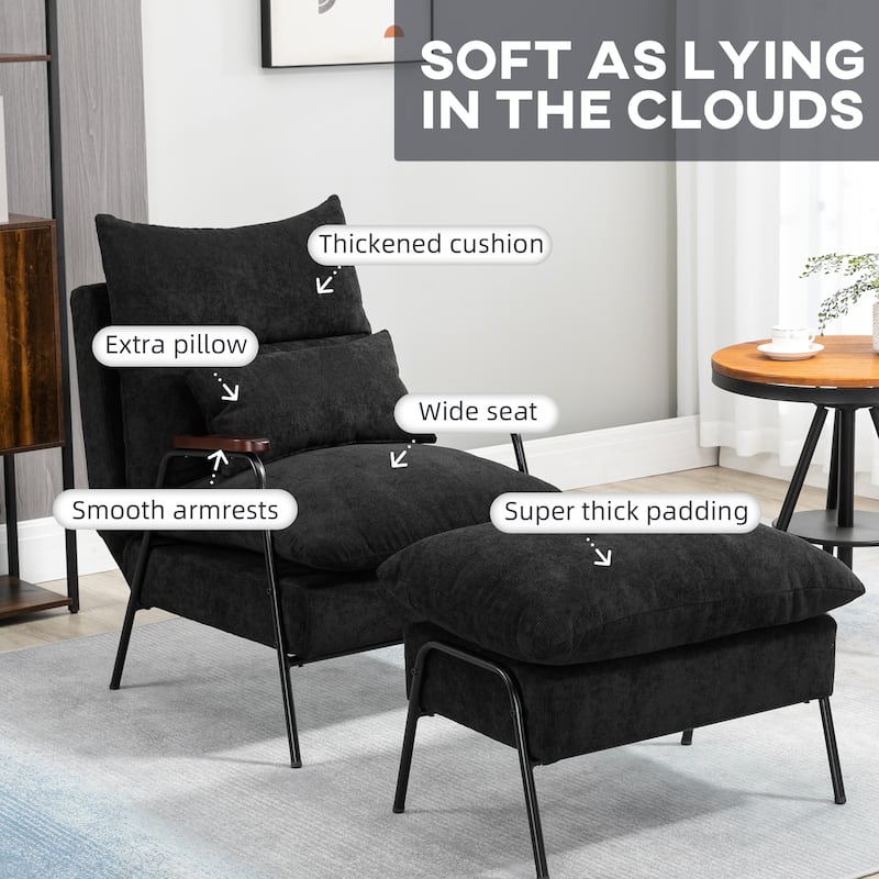 HOMCOM Accent Chair with Ottoman, Reclining Comfy Chair with Adjustable Backrest, Steel Frame and Pillow, Light Grey