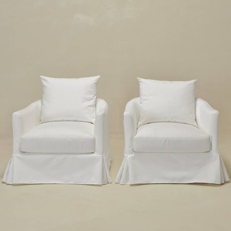 KINWELL 32" W Down Fill Upholstered Slipcovered Swivel Barrel Accent Armchair