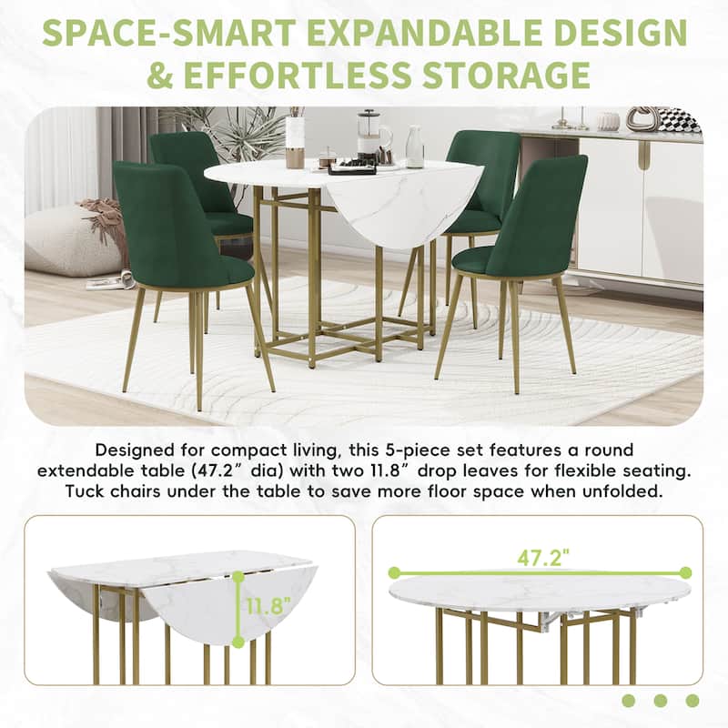 5-Piece Extendable Kitchen Dining Table Set, Round Faux Marble Top with Golden Frame and 4 Upholstered Chairs
