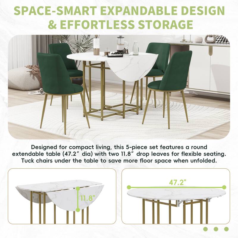 Modern Drop-Leaf 5-Piece Dining Set with Faux Marble Tabletop and Gold Metal Frame for Small Spaces