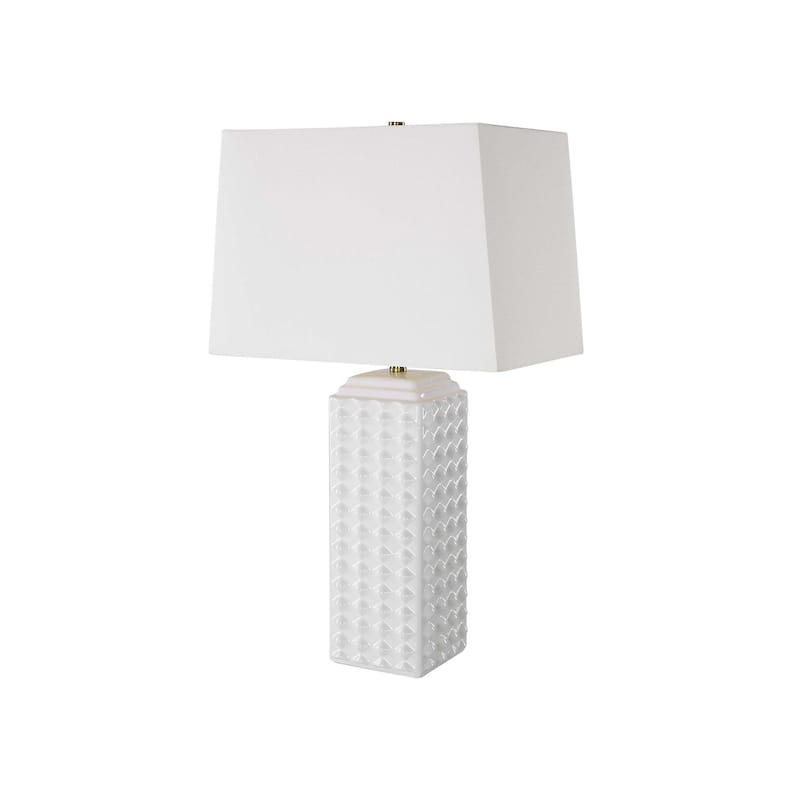 Table Lamp, Linen Shade, 3D Diamond Knob Gloss White Ceramic, 25 Inch