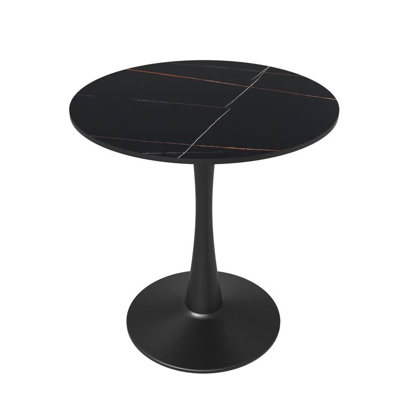 Bristol 27" Round Minimalist Dining Table Sintered Stone Top & Black Iron Pedestal Base for Kitchen & Dining Room - Black
