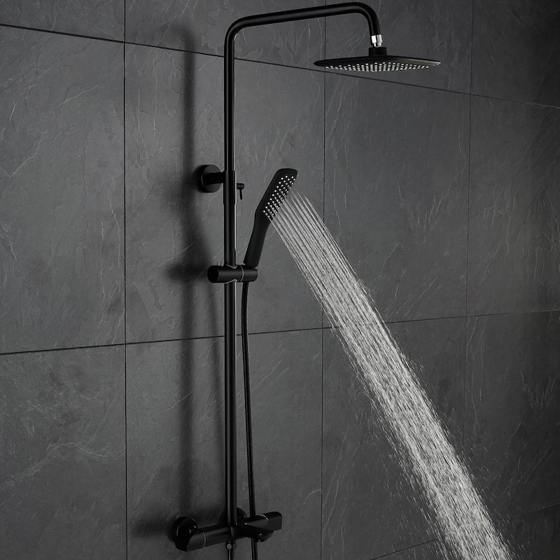 Wall Exposed Install 3-Way Thermostatic Rain Shower Head System Black with Slider Bar