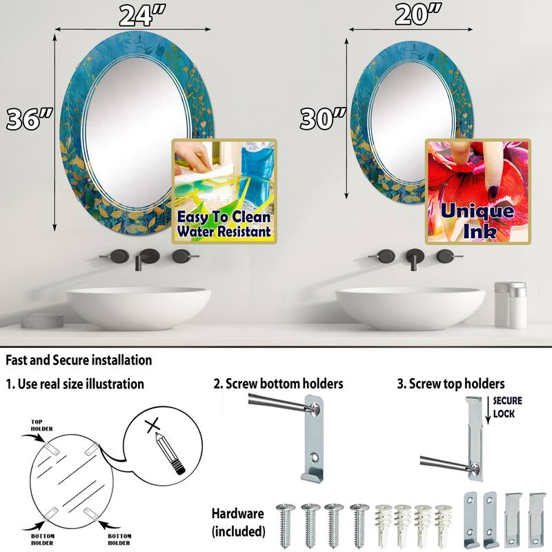 Designart 'Blue Underwater Lake leaves II' Printed Modern Round or Oval Wall Mirror - Triple C