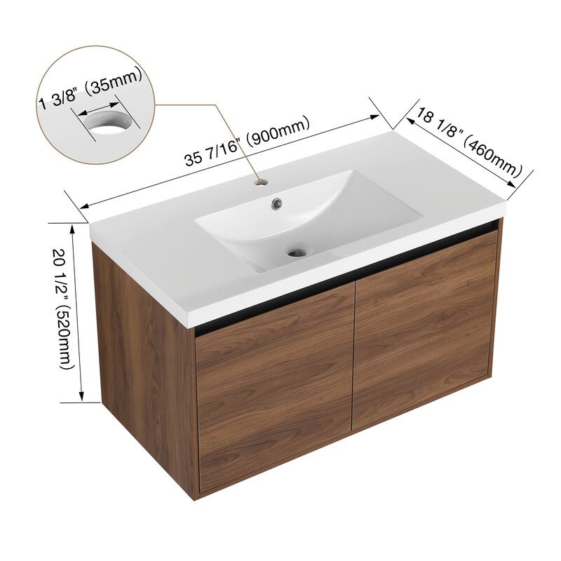 GDFStudio - Levistar Modern Wall-Mounted Bathroom Vanity Set with Scratch-Resistant Resin Sink & Soft Close Doors