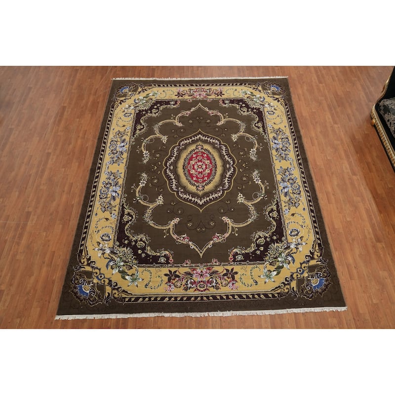 Victorian Style Green Aubusson Turkish Area Rug Machine-Made Carpet - 9'9" x 12'11"