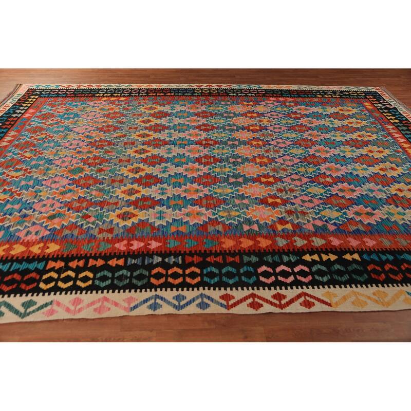 Kilim Oriental Area Rug Hand-Woven Wool Carpet - 9'10"x 13'0"
