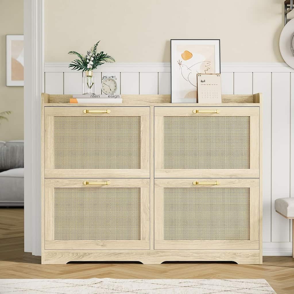 4 Turn Drawers Rattan Entryway Shoe Storage Cabinet, Freestanding Organizer