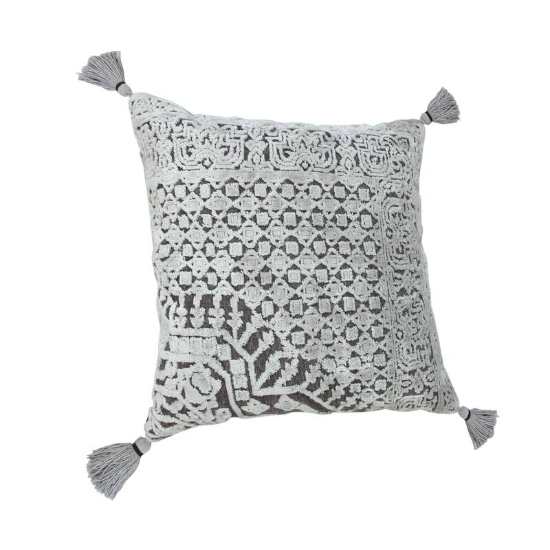 18" Gray And Silver Geometric Viscose Throw Pillow Cover with Tassels