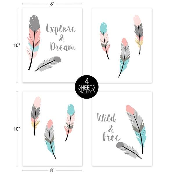 Sweet Jojo Designs Turquoise Coral Boho Feather Collection Wall Decor Art Prints (Set of 4) - Explore Dream, Wild Free