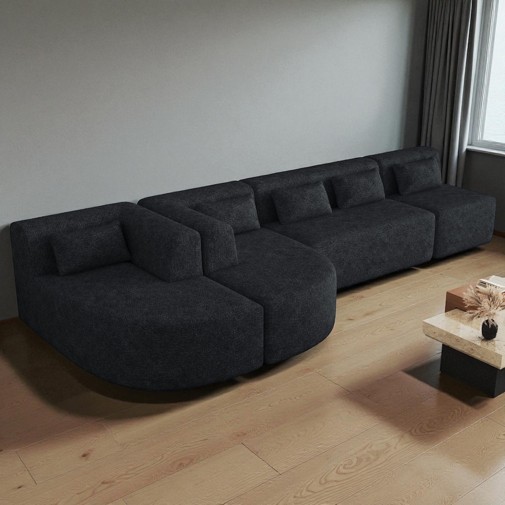 144" Modular Upholstered Sofa with 2 Curved Chaise Lounges and 5 Back Pillows, Boucle Free-Combined Couch for Living Room