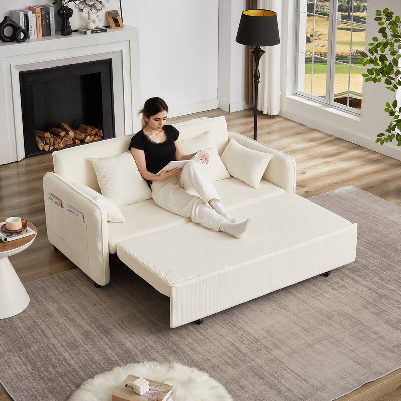 66 Inch Sleeper Sofa Bed Adjustable Sleeper With Pullout Bed 4 Pillows And Side Pockets Soft Convertible