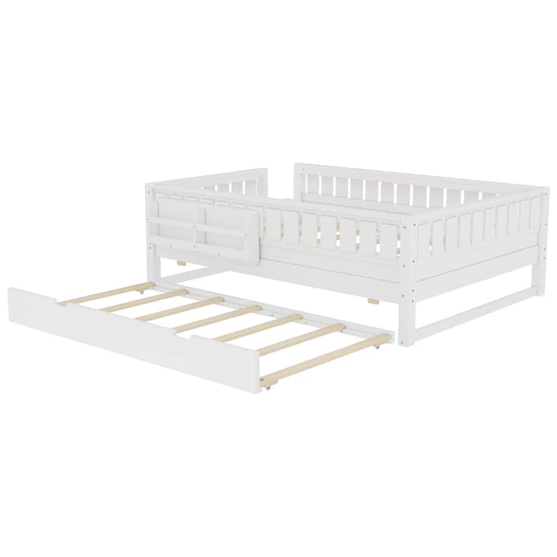 Roomfitters Floor Bed with Bookshelf and Trundle, Low Profile Frame with Step Entry