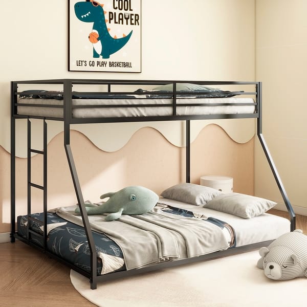 slide 2 of 9, Twin Over Full Metal Bunk Bed with Guardrails, Convertible Ladder Black - Full