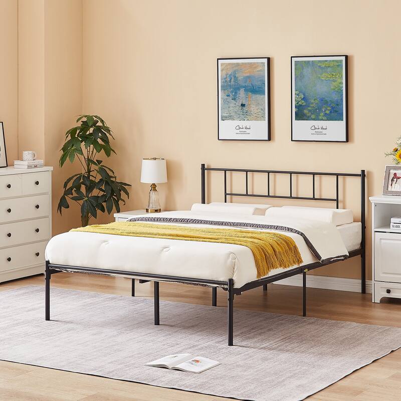 14 Inch Queen Size Metal Bed Frame with Headboard, Iron-Art Platform Bed No Box Spring Needed/Mattress Foundation for Storage