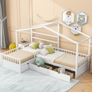 Twin Size House Platform Bed with 3 Storage Drawers, Wooden Daybed for 2, L -Shaped Double Bedframe with Roof & Fence