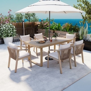 Outdoor Acacia Wood Dining Set 7-Piece Rope Weave Dining Chairs And Table with Umbrella Hole