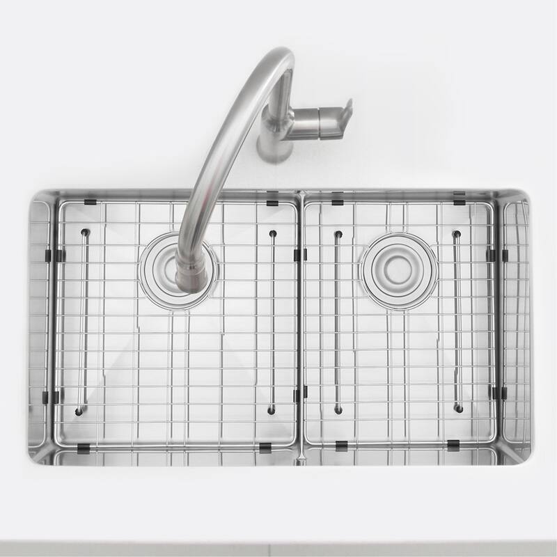 STYLISH 32 L inches x 18 W inches Stainless Steel Double Basin Low Divider Undermount Kitchen Sink with Grids and Strainers