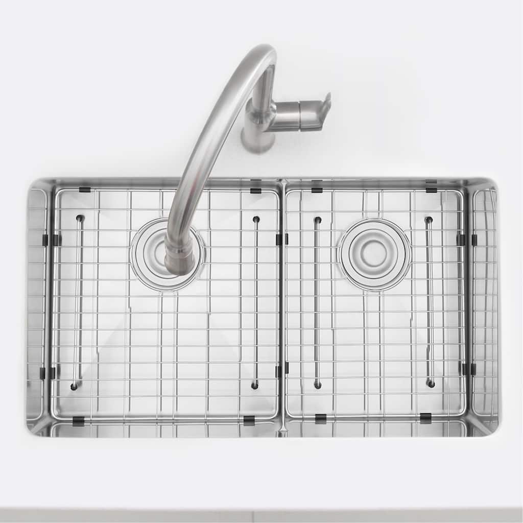 STYLISH 32 L inches x 18 W inches Stainless Steel Double Basin Low Divider Undermount Kitchen Sink with Grids and Strainers