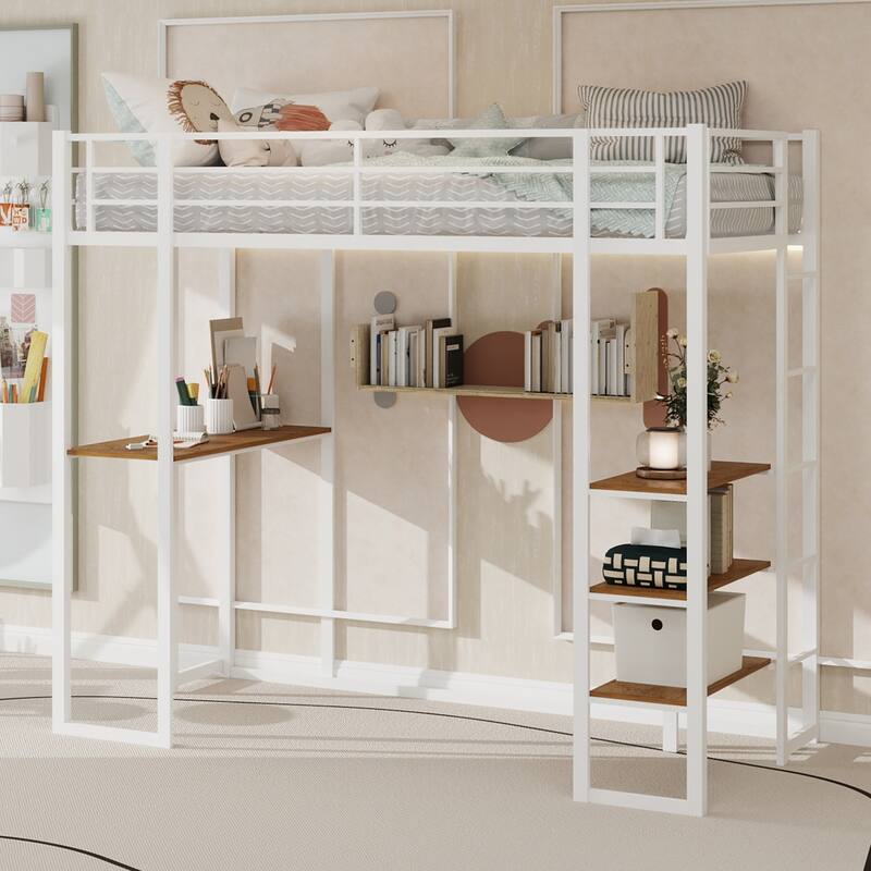 Iron frame bed with bed and table with stairs on both sides - White