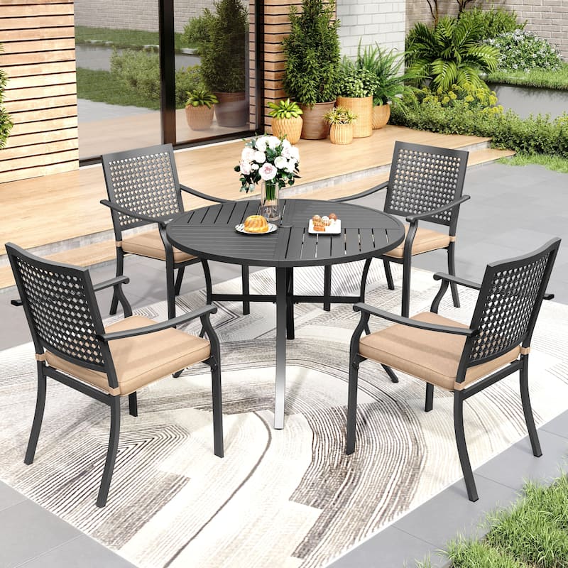 5-Piece Metal E-coating Patio Dining Set of 4 Steel Chairs with Cushions and 1 Metal Table - Round Table